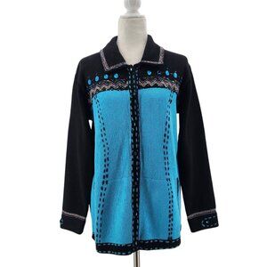 Vintage Storybook Knits Navajo Gems Blue Black Knit Cardigan Sweater Womens Smal